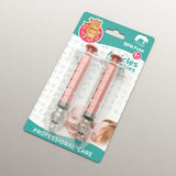 Two pink syringes in packaging with a teddy bear logo on a gray background