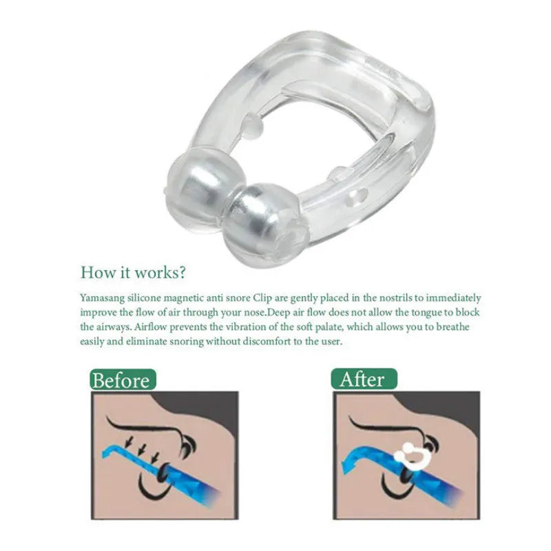 Silicone anti-snore clip with before and after illustrations on a white background