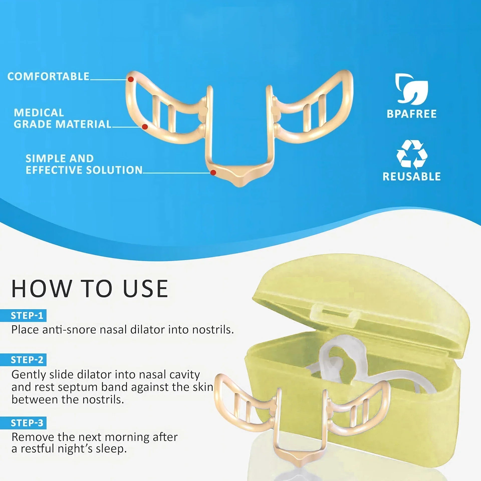 Anti-snore nasal dilator with packaging and usage instructions on a blue and white background.