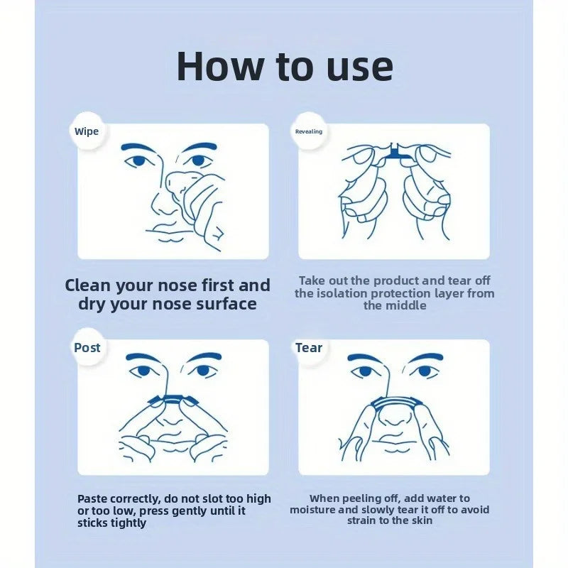 Instructions on how to use a nose strip with illustrations and text.