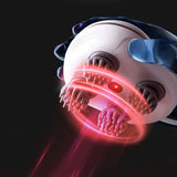 Close-up of a dental cleaning device with red light on a black background