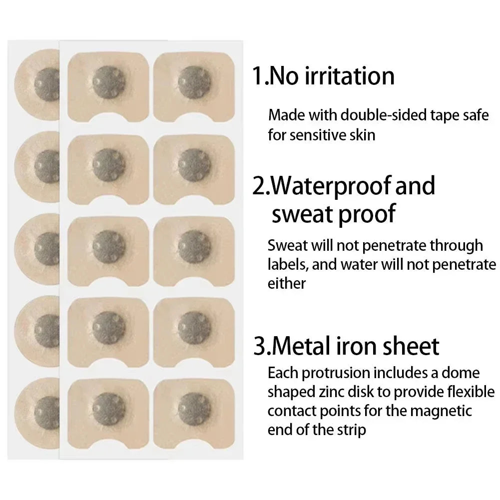 Packaging of adhesive patches with features listed on a white background