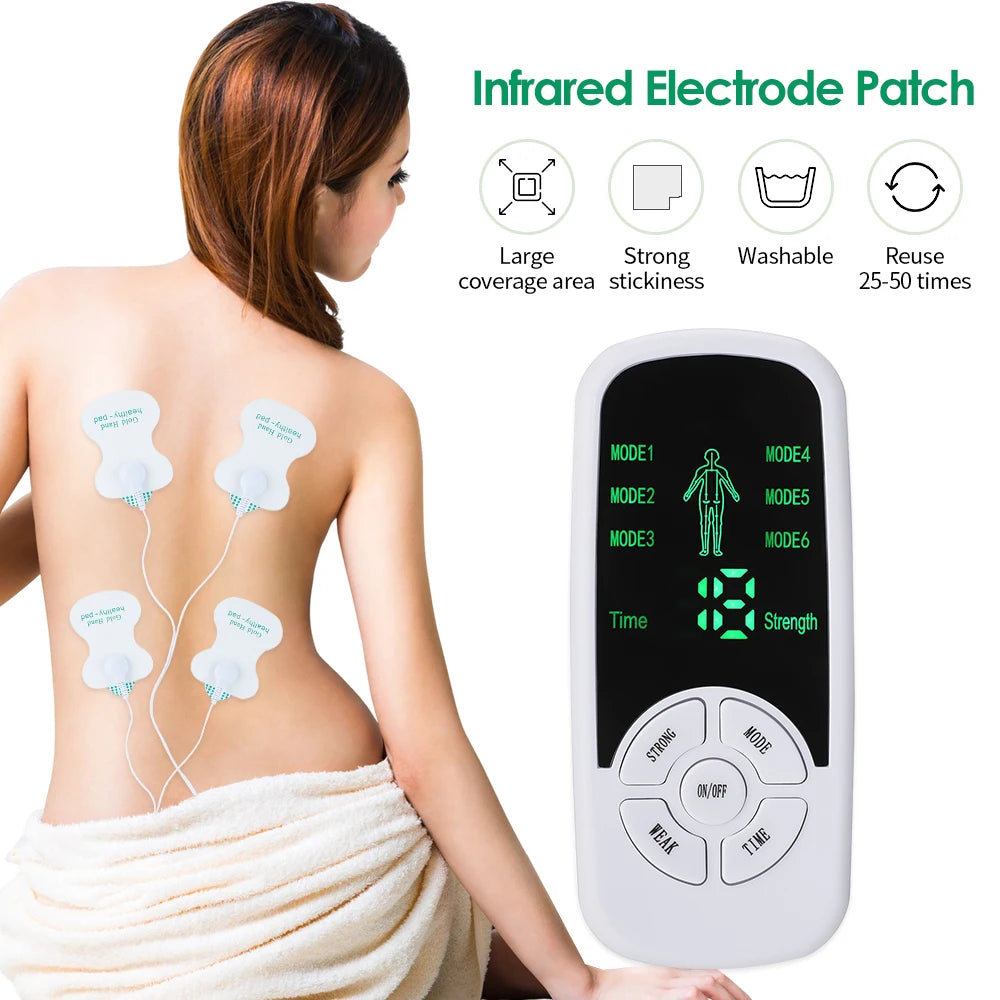 Woman with infrared electrode patches on her back and a digital device next to her.
