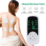 Woman with infrared electrode patches on her back and a digital device next to her.