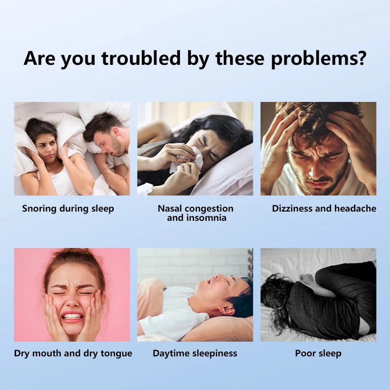 Illustrations of people experiencing various sleep-related issues with text labels on a blue background.