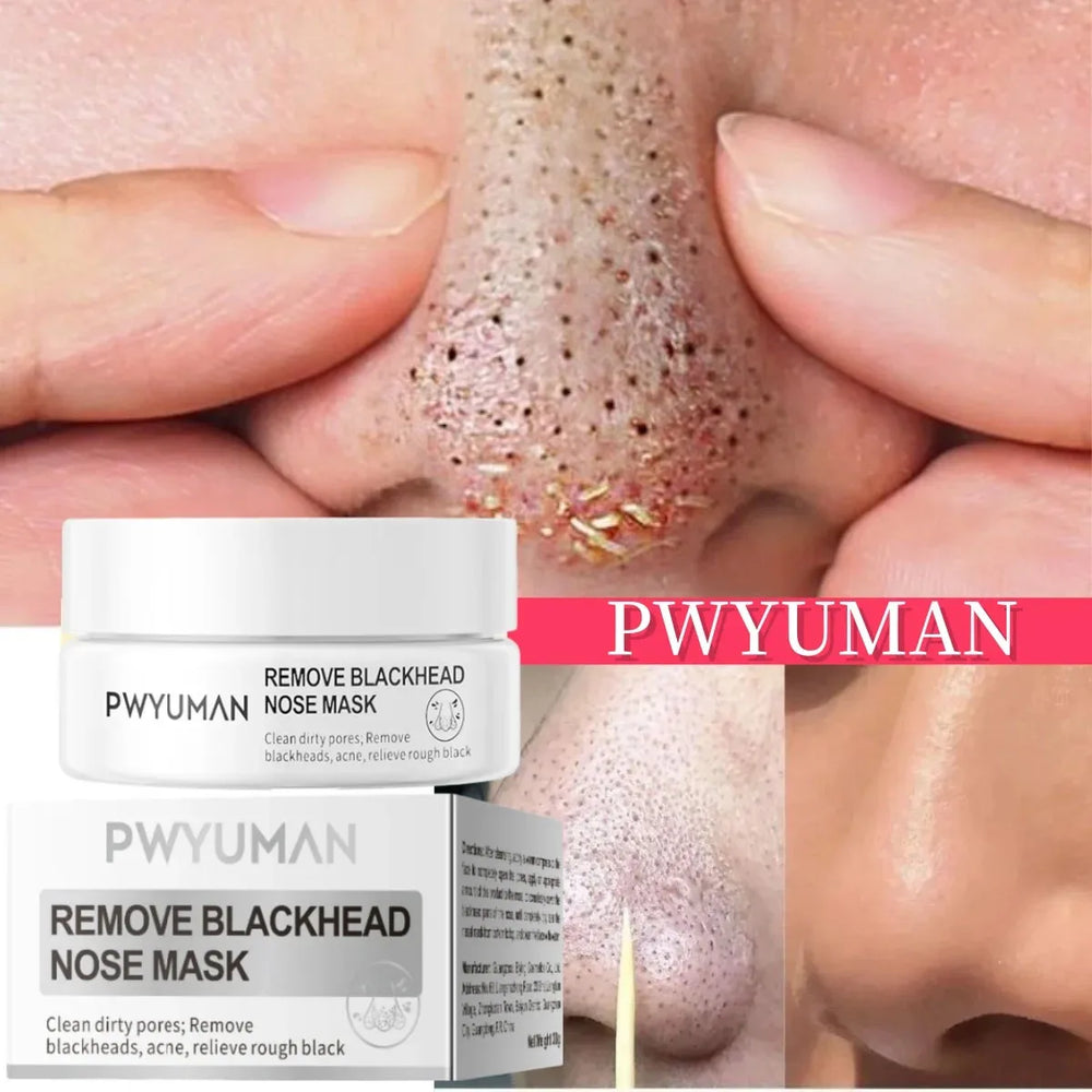 PWYUMAN remove blackhead nose mask packaging with before and after effects on skin.