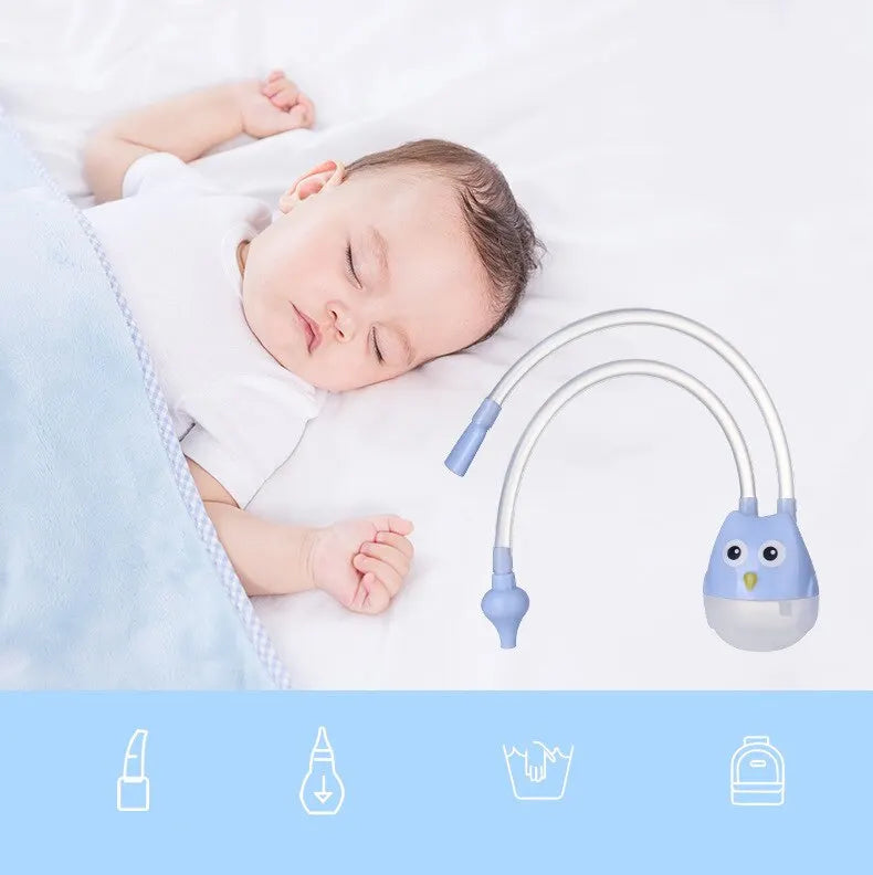 Baby sleeping with a blue and white baby product on a light blue background