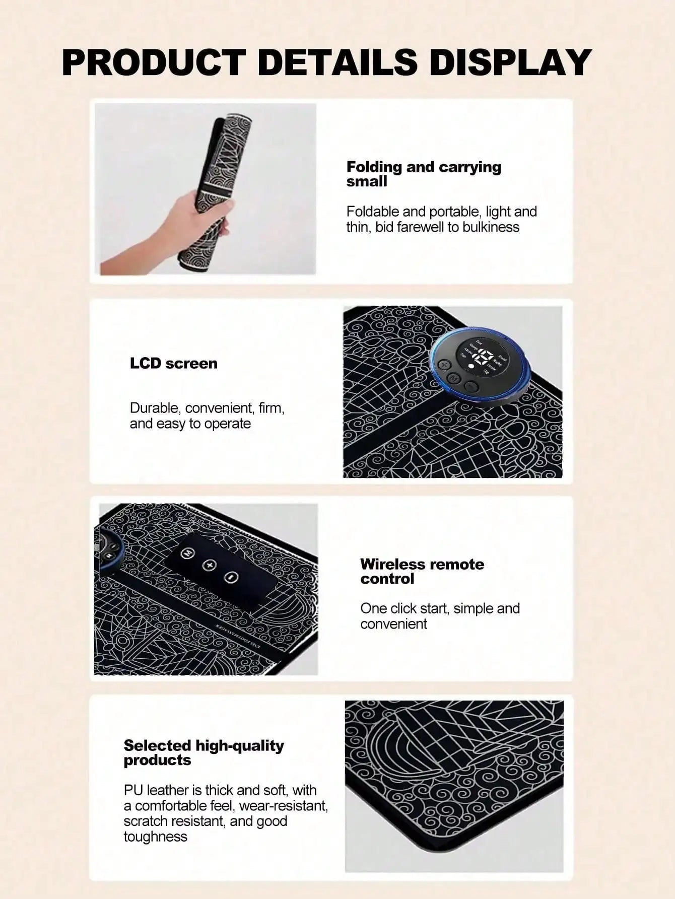 Product details display with features like folding and carrying, LCD screen, wireless remote control, and high-quality materials.