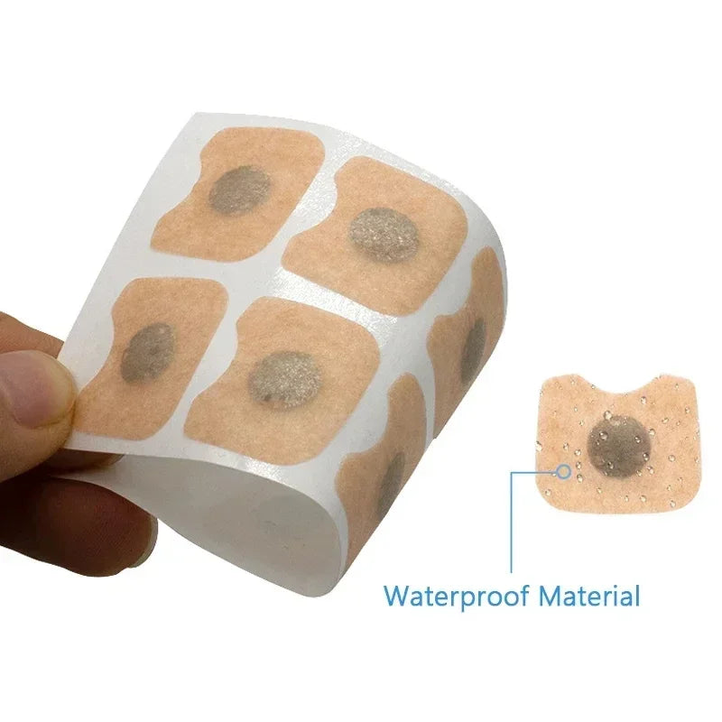 Roll of adhesive patches with a close-up inset showing 'Waterproof Material' on a white background.