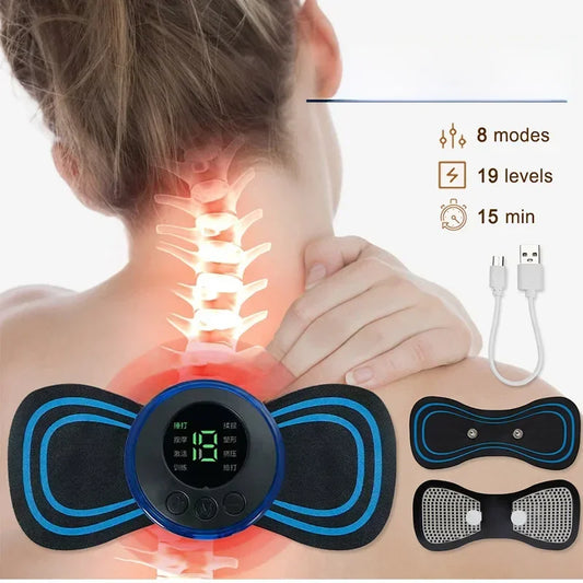 Electromagnetic therapy device on a person's back with digital display and charging cable.