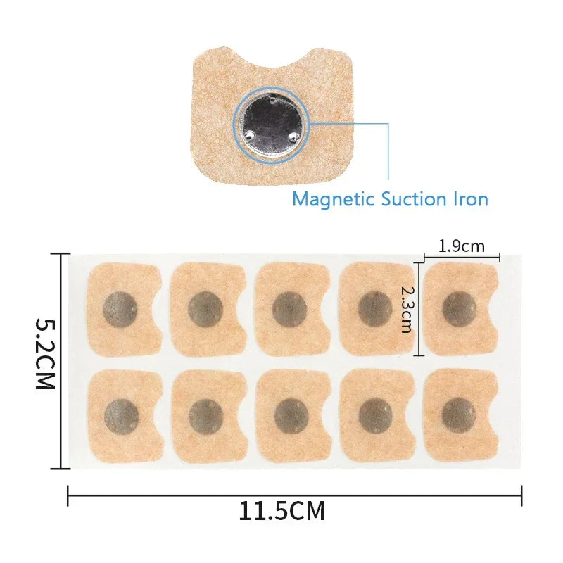 Magnetic suction iron with dimensions and layout of adhesive patches on a white background