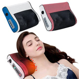 Two massage pillows, one blue and white, one red and black, with a woman using a red massage pillow.