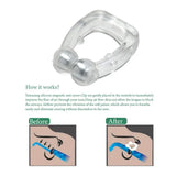 Silicone anti-snore clip with before and after illustrations on a white background