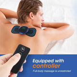 Person using a full-body massage device with controller on a white background