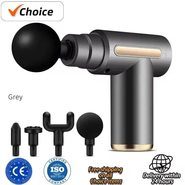 Massage gun with attachments on a white background, featuring 'Choice' branding.