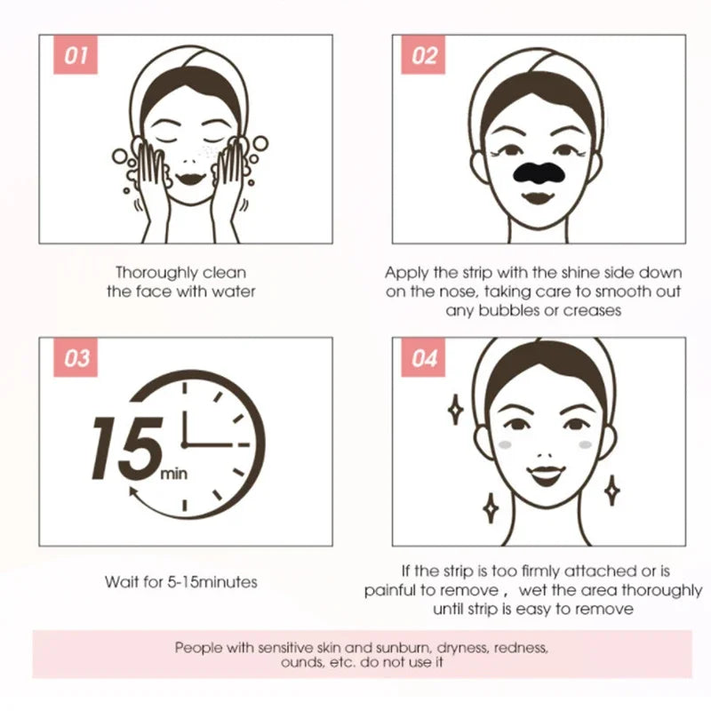Step-by-step guide for using a facial strip with illustrations and text instructions.