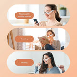 Three scenes showing a person wearing smart glasses in different activities with text labels.