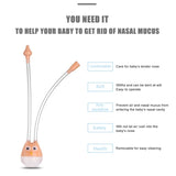 Baby nasal aspirator with features listed on a white background