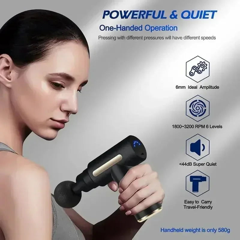Woman holding a handheld massage device with product features displayed on a gray background