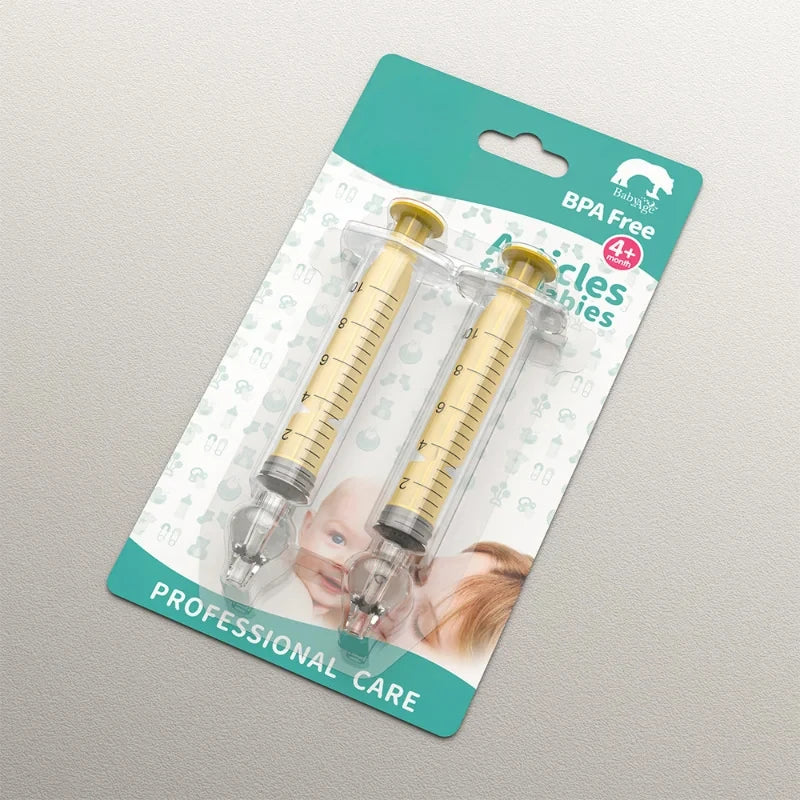 Two syringes in packaging with a visible brand logo on a gray background