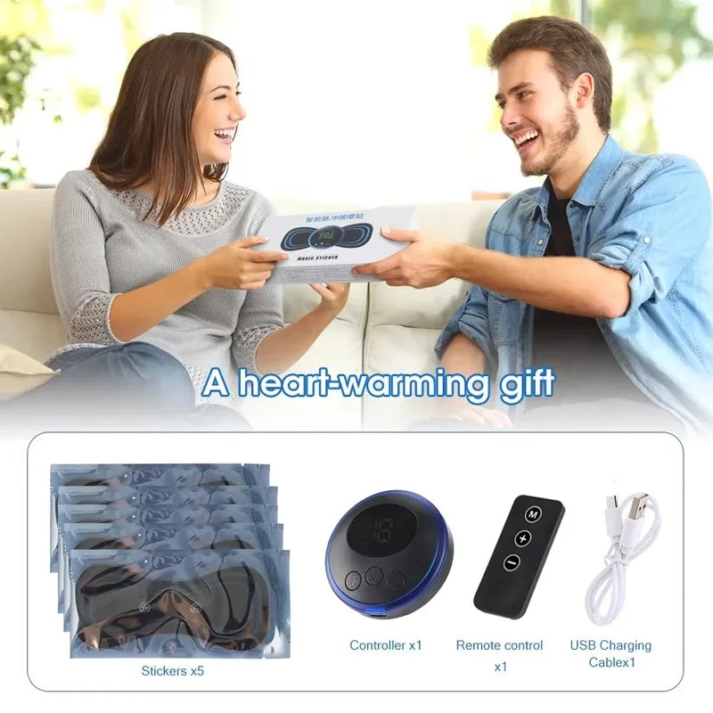 Man and woman holding a box labeled 'A heart-warming gift' with product images and text below.
