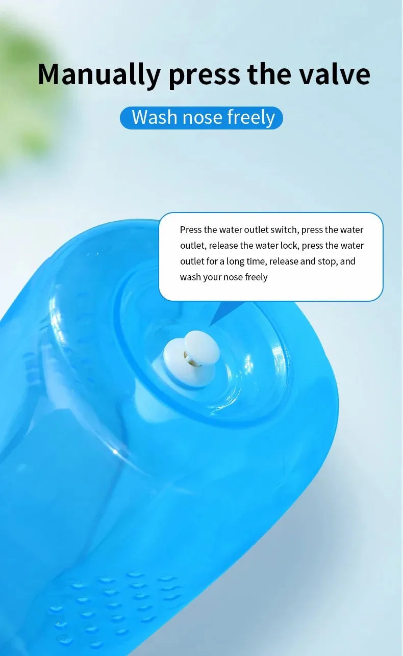 Blue nasal washer with instructions on using it to wash the nose.