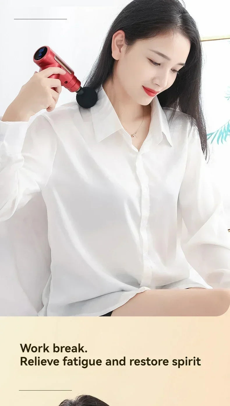 Woman using a hair dryer with text 'Work break. Relieve fatigue and restore spirit' on a white background