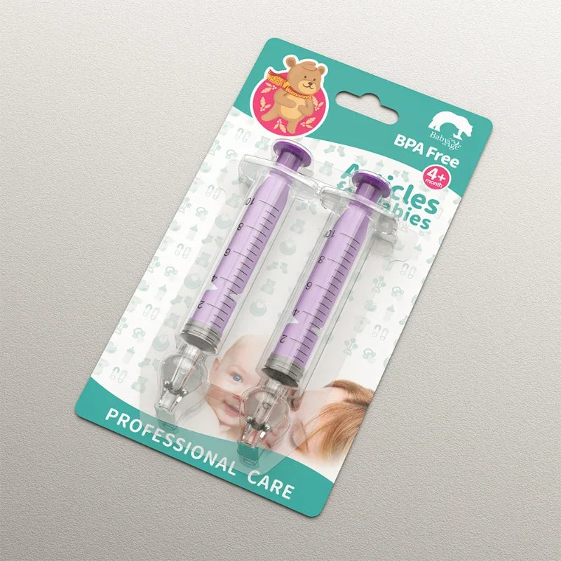 Two syringes in packaging with a teddy bear logo on a gray background