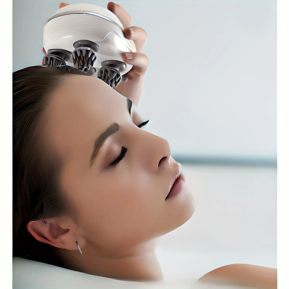 Woman receiving a scalp treatment with a device on her head against a light background