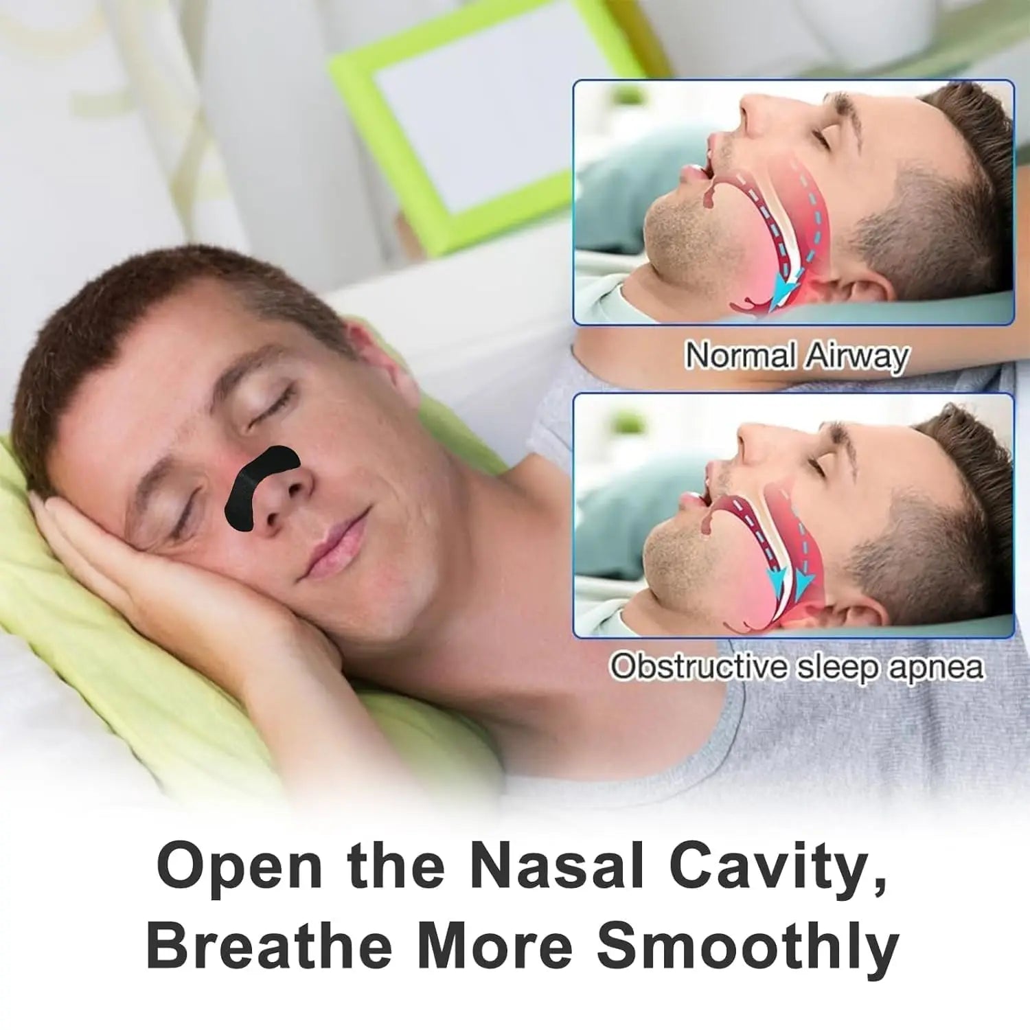 Person sleeping with a nasal device, showing normal airway and obstructive sleep apnea, with text 'Open the Nasal Cavity, Breathe More Smoothly'.