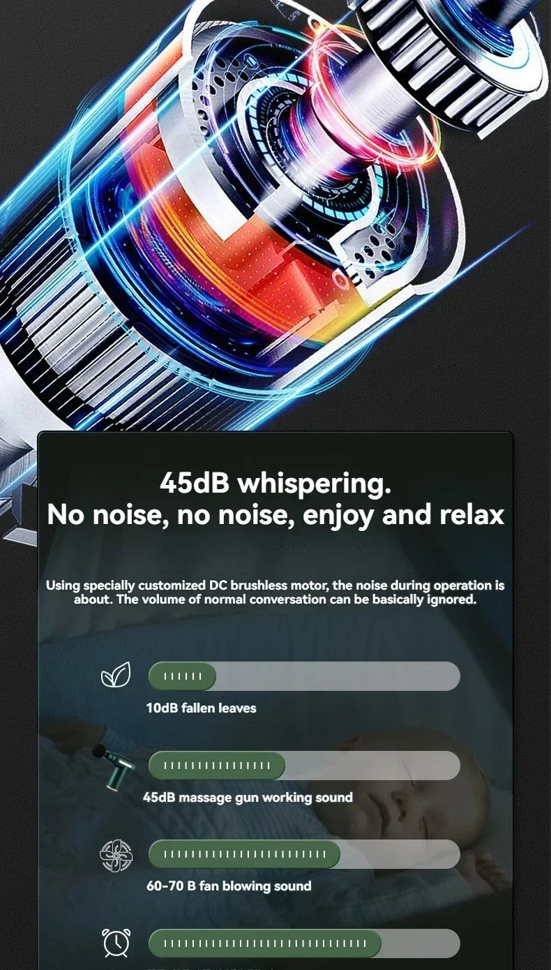 Colorful massage gun with text about noise levels on a dark background