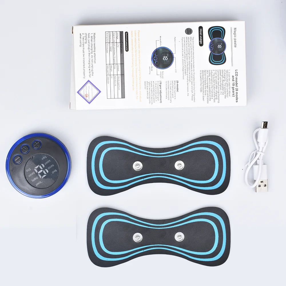 Two black and blue waist trainers with a USB cable on a white background