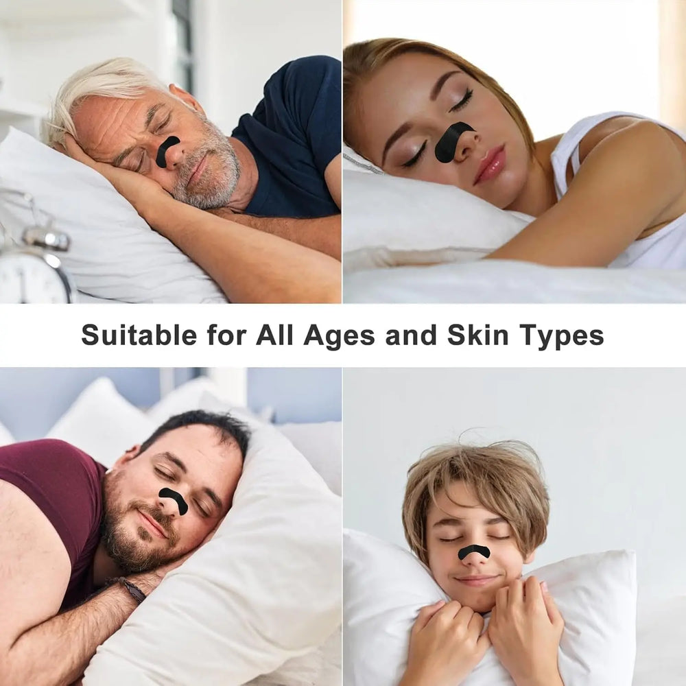 Four people sleeping with black mustache masks on, suitable for all ages and skin types.