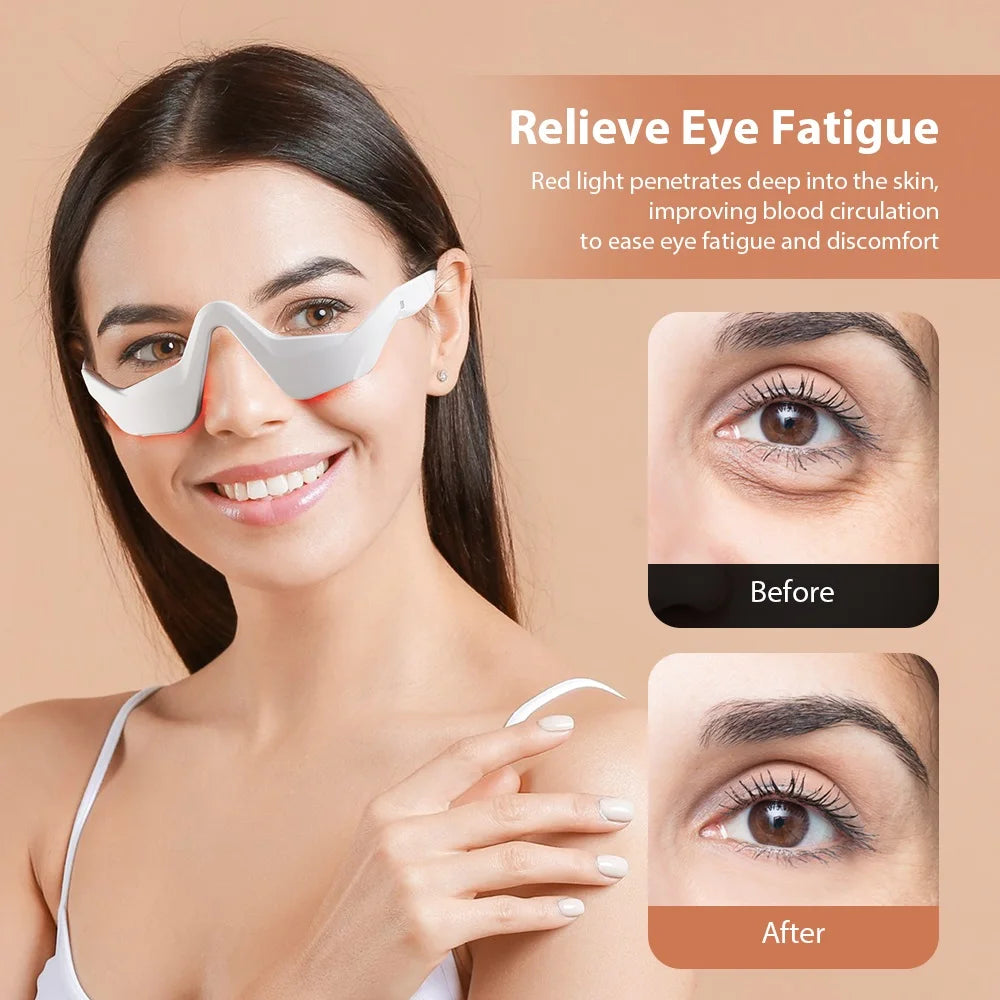 Woman wearing a red light eye mask with 'Relieve Eye Fatigue' text and before/after images on a beige background.