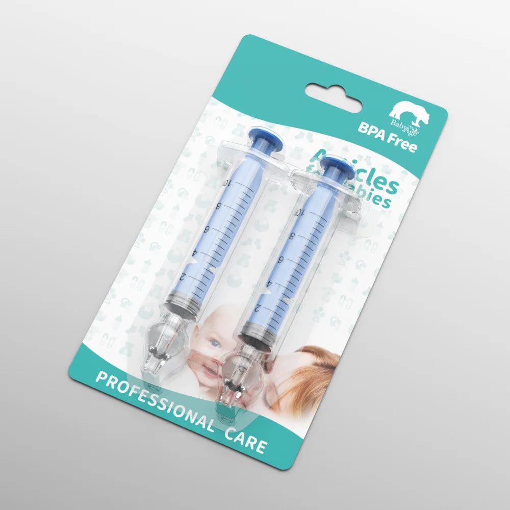 Two syringes in packaging with a teal label on a gray background
