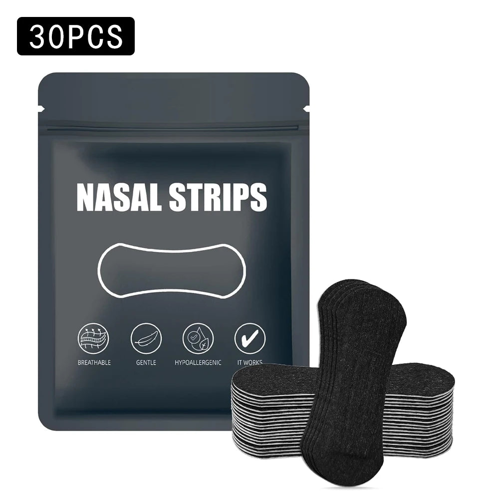 Nasal strips packaging with 30 strips displayed in front on a white background