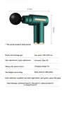 Green massage gun with specifications on a white background