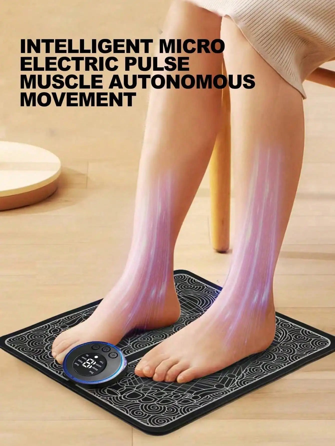 Person using a foot mat with text about intelligent micro electric pulse muscle movement.