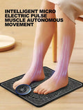 Person using a foot mat with text about intelligent micro electric pulse muscle movement.