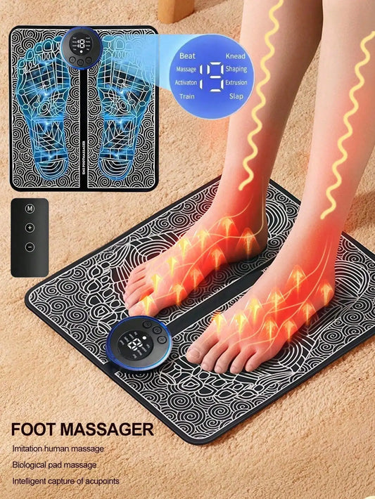 Foot massager mat with glowing effects on feet, showing massage action.