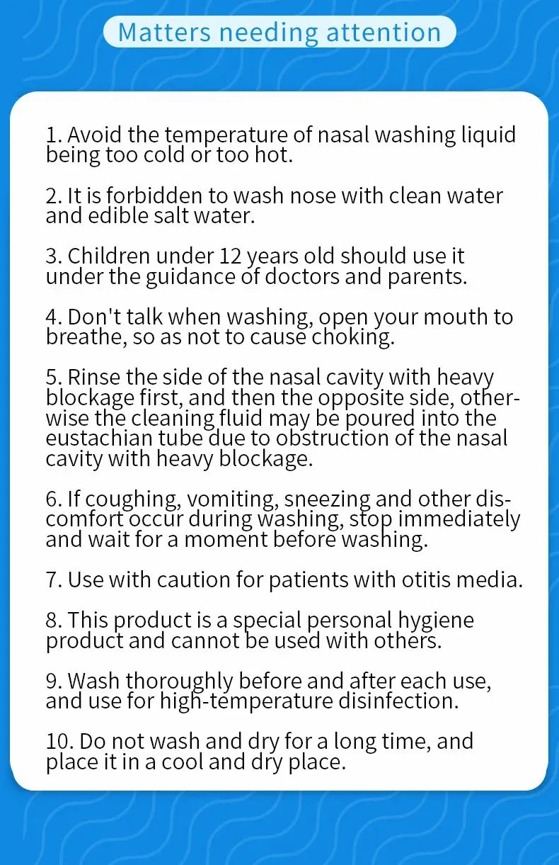 List of nasal washing instructions on a blue background