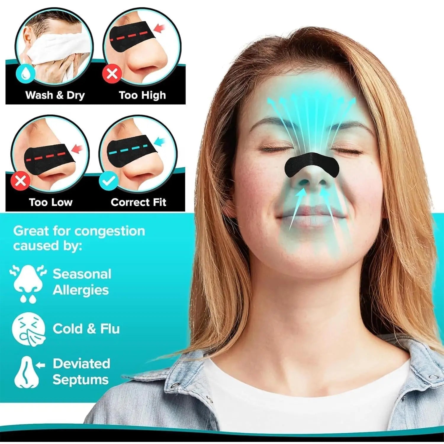Woman using a nasal strip with instructional graphics on correct usage.
