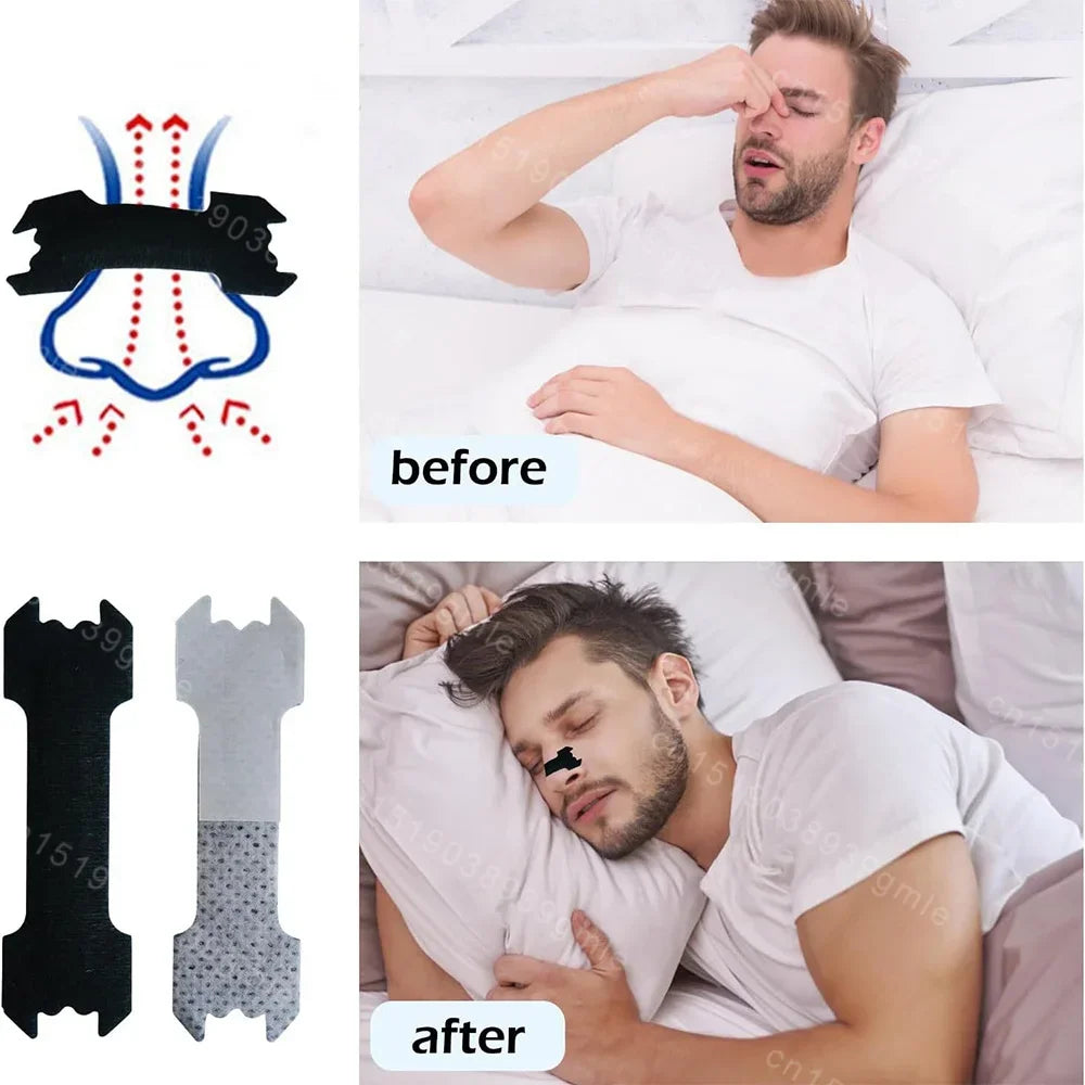 Before and after comparison of a man using a nasal strip, with product packaging on the side.