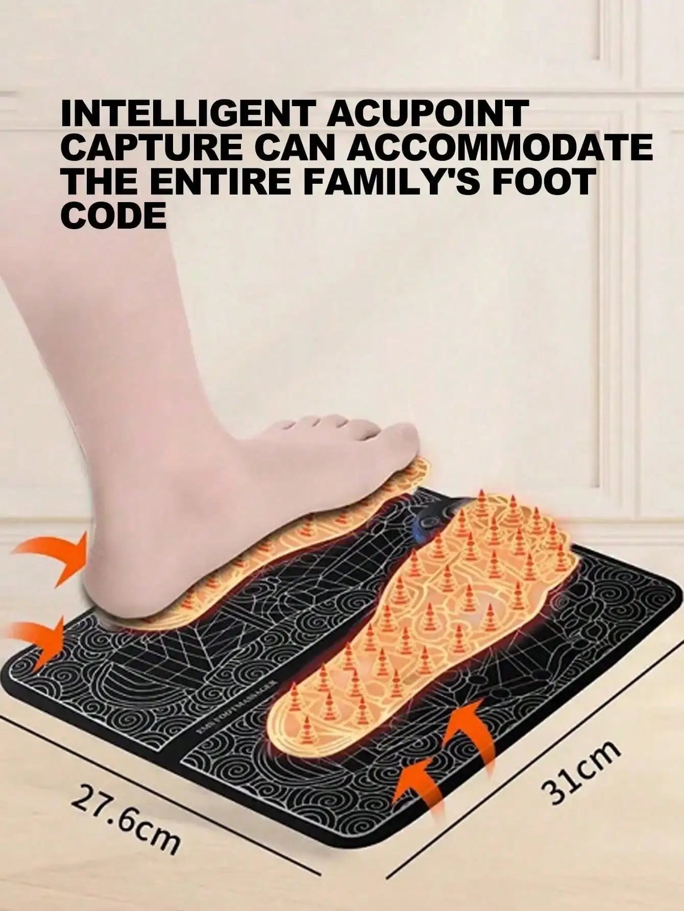 Foot mat with acupressure points being used, showing dimensions and text about intelligent acupoint capture.