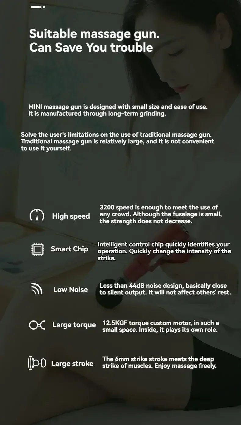 Advertisement for a mini massage gun with text detailing its features.