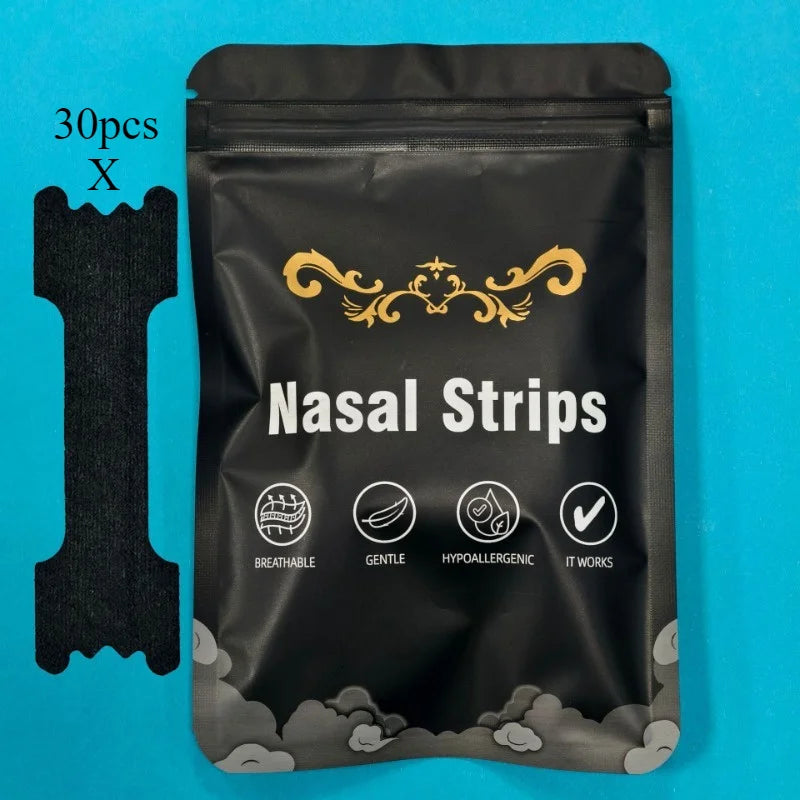 Black package of nasal strips with decorative elements on a blue background