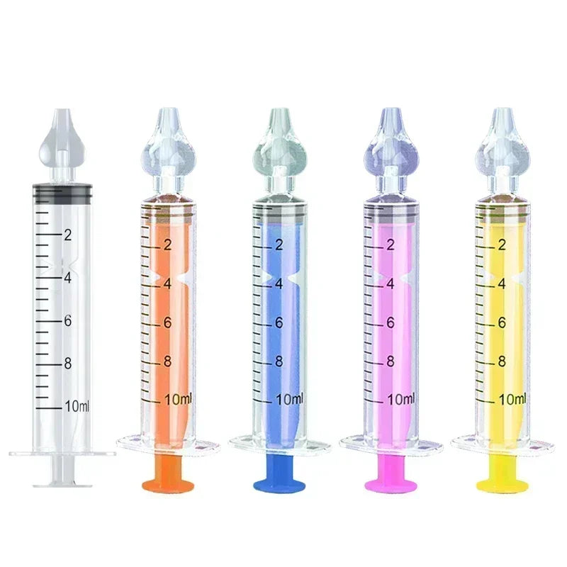 Five colorful syringes with measurement markings on a white background
