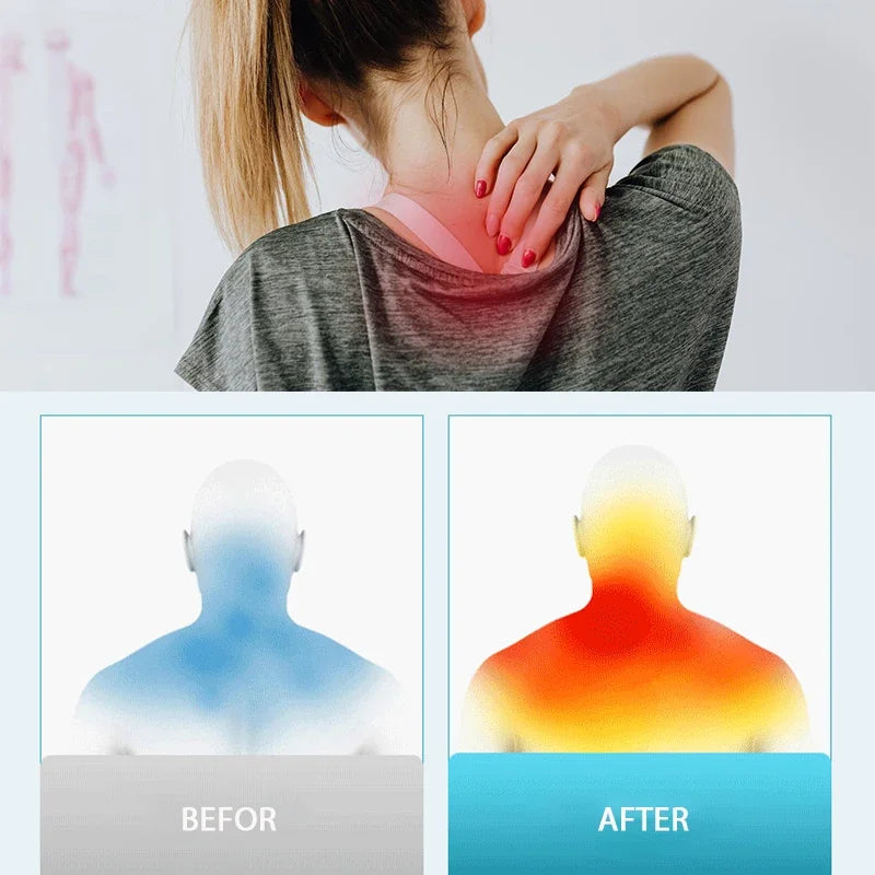 Woman with neck pain holding her shoulder, with 'Before' and 'After' heat maps showing relief.