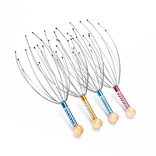 Set of four colorful scalp massagers on a white background