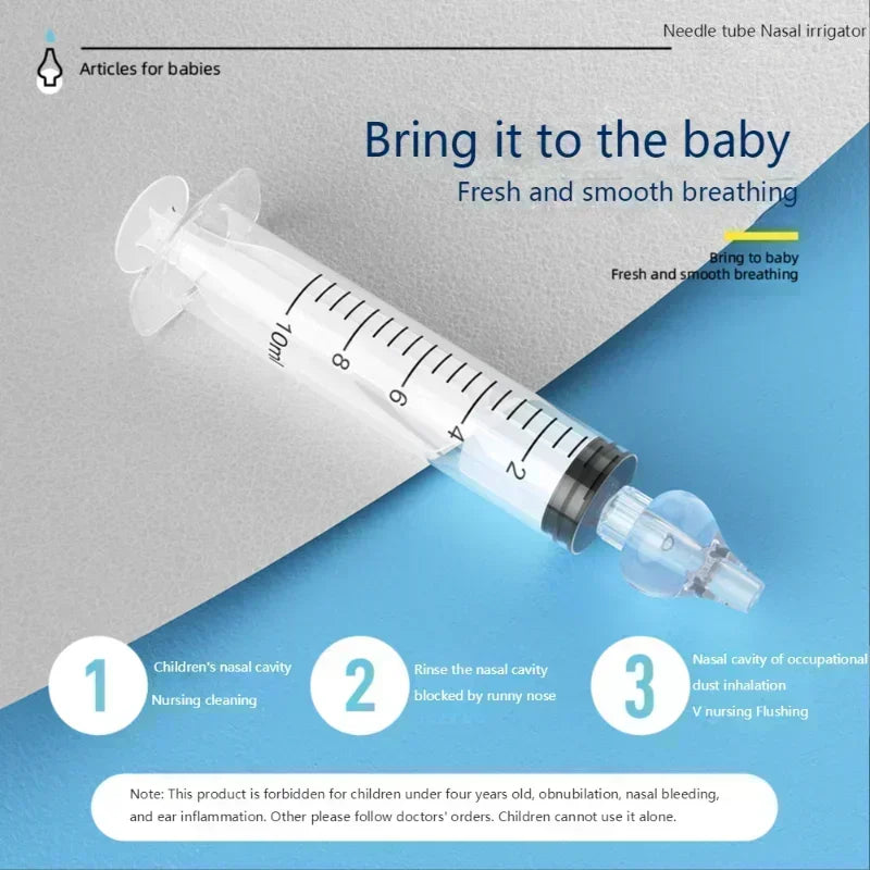 Nasal irrigator syringe with text on a blue and gray background